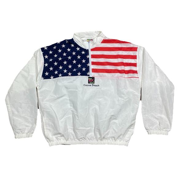 Vintage Surf Style Cocoa Beach USA Flag Half Zip Windbreaker Jacket XL Made USA - Picture 1 of 13